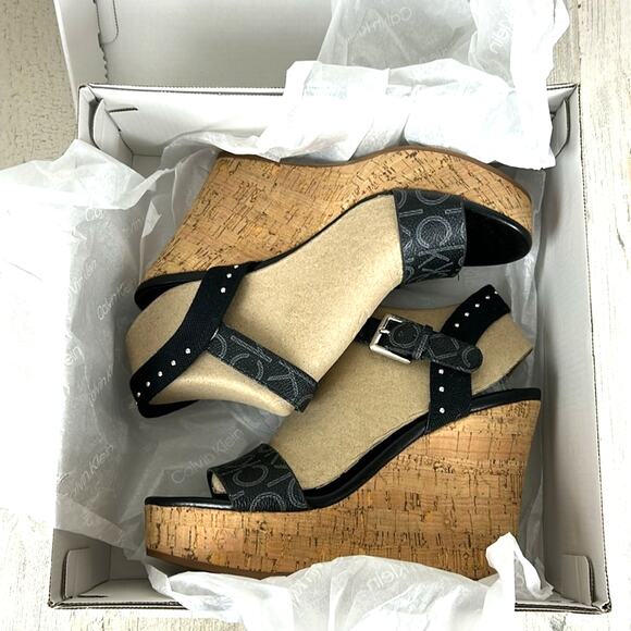 Calvin Klein Karmona Women’s 6.5 Black Logo faux Leather Wedge Strappy Sandals - Picture 2 of 8